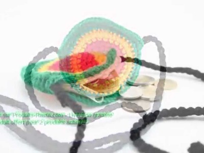 PORTE-MONNAIE CERCLE CROCHET VERT JAUNE ROUGE LANIÈRE NOIRE FERMETURE ZIP