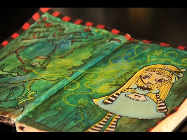 Art journal mixed media # Alice et la chenille - speed drawing