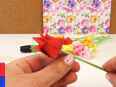 Origami Tulipe DIY. Fleurs en papier. Déco rapide et facile. Instructions pour pliage en français
