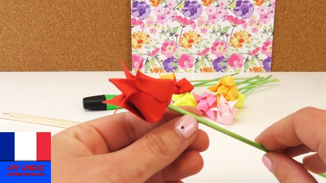 Origami Tulipe DIY. Fleurs en papier. Déco rapide et facile. Instructions pour pliage en français