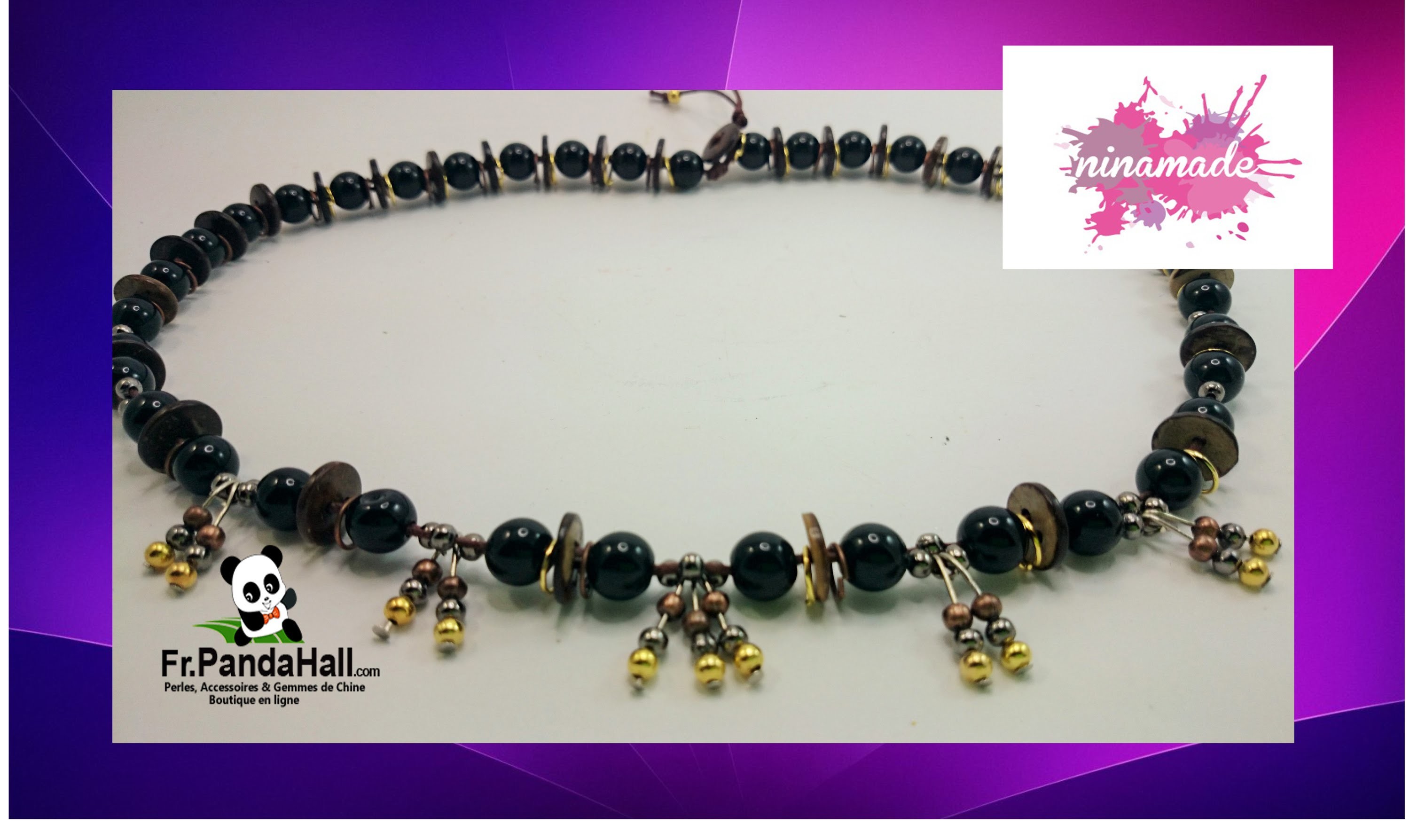 Tuto6. DIY.Collier avec des perles noires et boutons en noix de coco.Fr.Pandahall.com