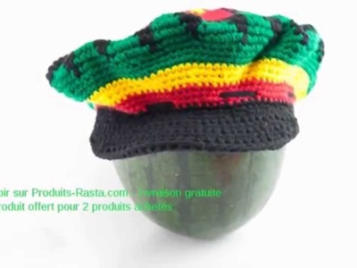 CASQUETTE RASTA CROCHET MOTIF FLEUR VERT JAUNE ROUGE VISIÈRE NOIRE