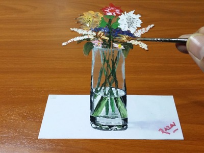 How to Draw and Paint Vase of Fowers 3D illusion  | Dessin 3D | 3D Drawing