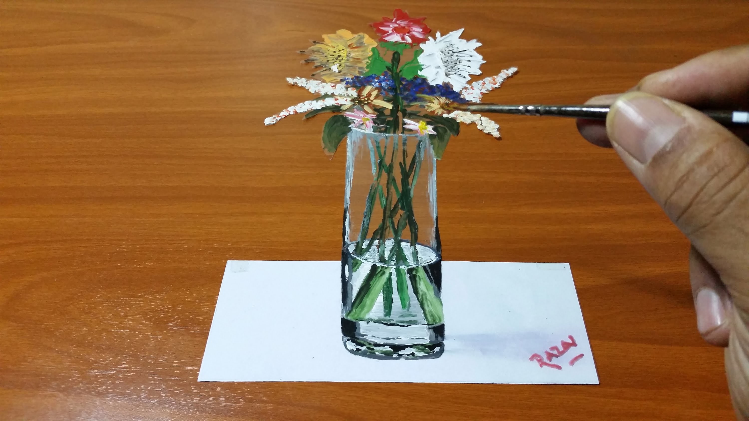 How to Draw and Paint Vase of Fowers 3D illusion  | Dessin 3D | 3D Drawing