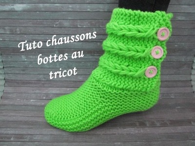 TUTO CHAUSSON TRESSE TORSADE AU TRICOT Booties knitting BOTITAS BOTAS TEJIDAS DOS AGUJAS