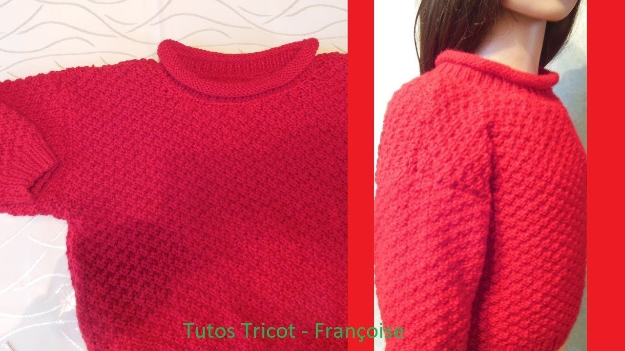 Tuto tricot pull enfant 3 ans point Damier 2.2 col roulotté facile à réaliser