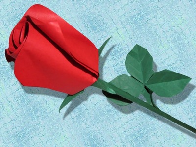 Origami : Rose facile semi-ouverte avec calice, feuille triplée et tige