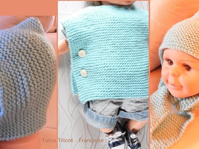 Tuto tricot Bonnet écharpe Bébé & Poncho Brassière Bébé facile (3.6 mois - 9.12 mois) point mousse