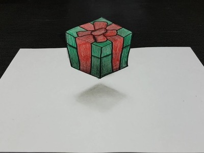 Dessiner un cadeau de noël, illusion d'optique , dessin 3d