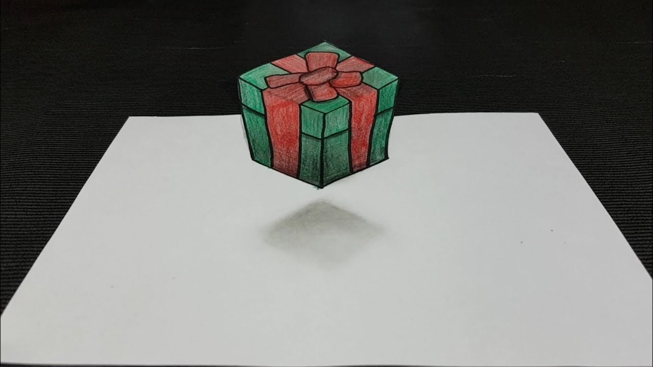 Dessiner un cadeau de noël, illusion d'optique , dessin 3d