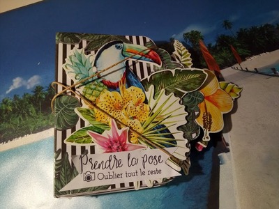 Mini album tropical avec un  kit d'enveloppes et des die cuts de chez Action