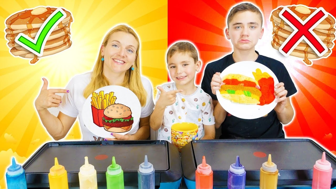 PANCAKE ART CHALLENGE 4 !!! - Mère VS Fils : Hamburger frites, Glace, Donut. 