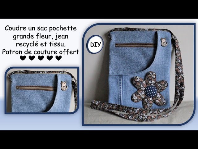 Coudre un sac à main pochette en jean recyclé grande fleur patron de couture offert Anna couture DIY
