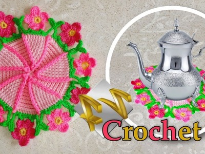 #Fz_Crochet Napperon Rond au Crochet avec des fleurs مفرش كروشي دائري بالورود