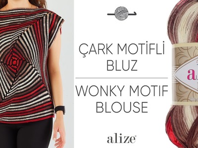 Alize Diva Batik ile Çark Motifli Bluz • Wonky Motif Blouse • Блузка с мотивом шаткий квадрат