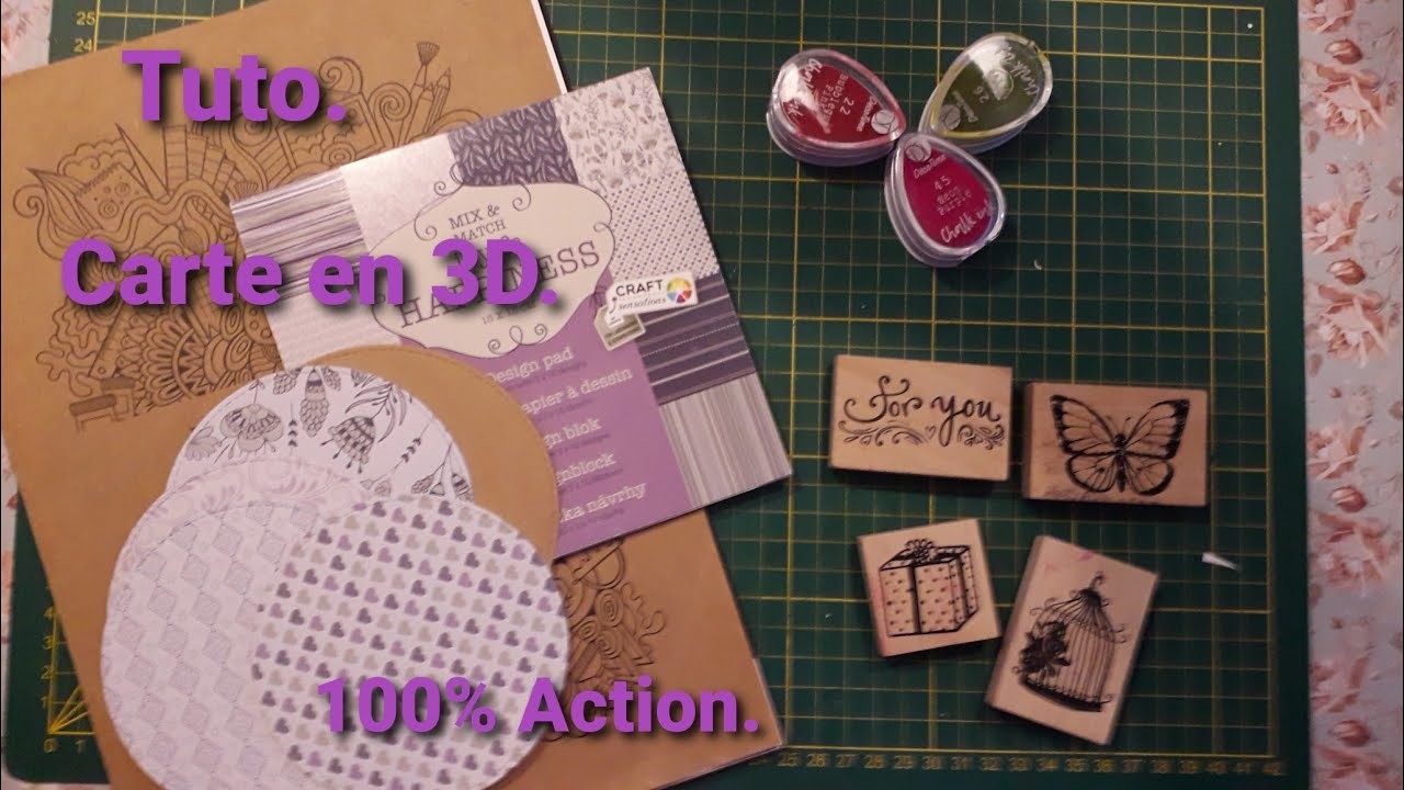 Tuto carte en 3D Facile.C'est l'occasion de ressortir vos minis tampons bois et bloc 15.15 d'ACTION.