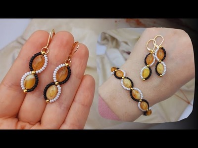 ⚡️Elegant Amber bracelet.Earring  making. Zarif Kehribar bileklik & küpe yapımı. #beading #tutorial