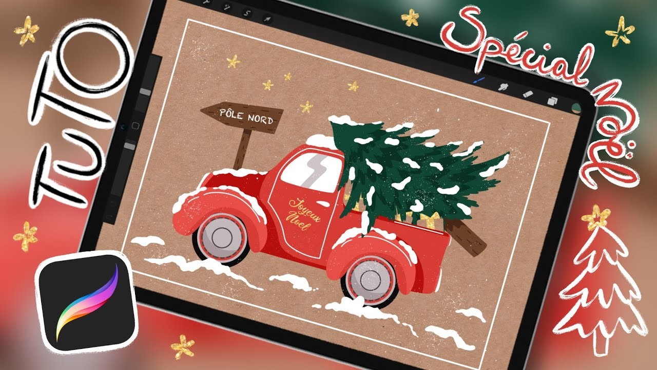 ???? Spécial Noël | Un truck vintage et son sapin de Noël --- Tuto Procreate intermédiaire